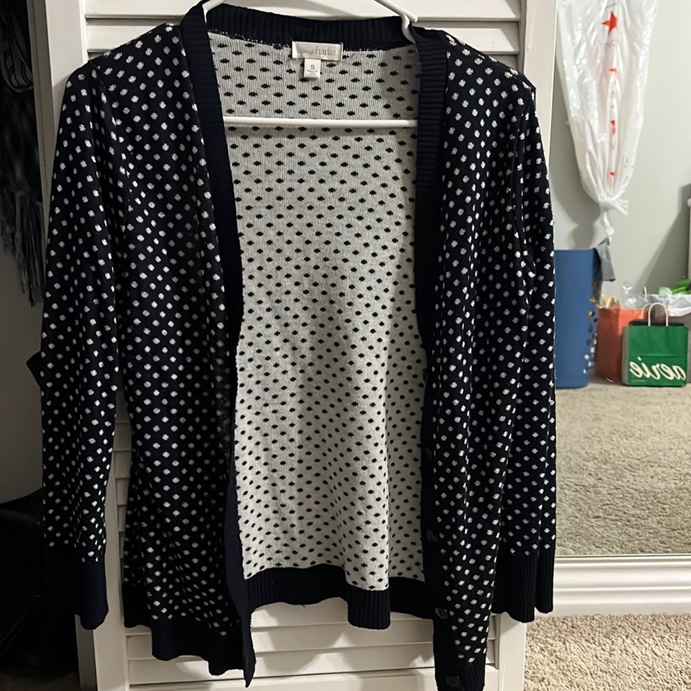 Navy and white polka dot sweater